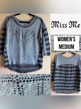 Miss Me Womens Sweater Knit Y2K Gray Black Chevron Sequins Bedazzled Beaded Sz M